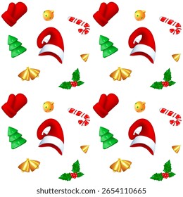 Christmas seamless pattern. Santa Claus hats, mittens, bells, candy canes and Christmas trees. Vector illustration