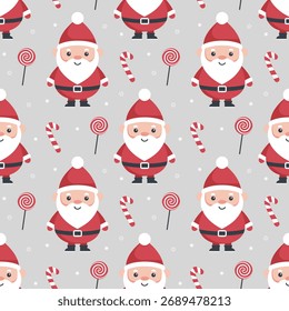 Christmas Seamless pattern with Santa Claus and  candy canes. Winter holiday background.