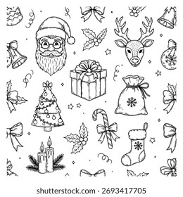 Patrón de Navidades sin fisuras con Elementos de Santa Claus, renos y Festiva.