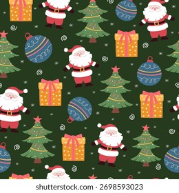 Navidades sin patrón con Papá Noel, árbol de Navidad, regalos de vacaciones y decoraciones. Diseño de Plantilla de Festiva para Sitio web o impresión. Vector.