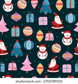 Christmas seamless pattern with Santa Claus, a snowman, a Christmas tree, a gift, and ornaments. Festive background for holiday designs or wrapping paper. Vector.