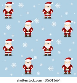 Christmas seamless pattern with Santa Claus and snow flakes on blue background. Vector illustration.