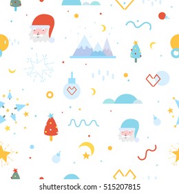 Christmas seamless pattern with Santa Claus, stars, moon and Christmas tree. Party background.