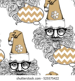 Christmas Seamless pattern. Santa Claus portrait with glasses in gold cap with a bell on a white background. Vector illustration.