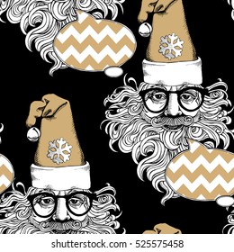 Christmas Seamless pattern. Santa Claus portrait with glasses in gold cap with a bell on a black background. Vector illustration.