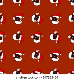 Christmas seamless pattern with Santa Claus and camera. Beautiful vector background for decoration xmas designs. Cute minimalistic art elements.