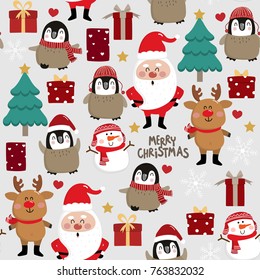 Christmas seamless pattern with Santa Claus, snowman, reindeer, penguin and cute gift vector. Holidays cartoon character set.