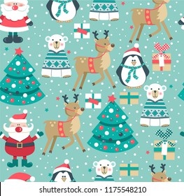 Christmas seamless pattern with Santa, deer, tree, polar bear, penguin. Vector illustration. 