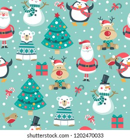 Christmas seamless pattern with Santa, deer, gifts, penguin, polar bear, tree, Robin bird and snowman.