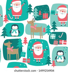 Christmas seamless pattern with Santa, deer, tree, penguin and boxes of presents. Vector illustration.