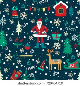 Christmas seamless pattern with Santa, deer, new year tree, snowflakes, gift, mittens. Cartoon personages. Cute hand drawn vector illustration.