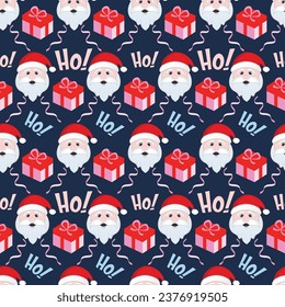 Christmas seamless pattern santa face with ho ho ho laughing text and gift box on navy blue background. Seasonal celebration abstract surface. Christmas character vector illustration.