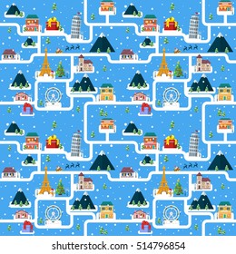 Christmas seamless pattern with Santa and festive town. Vector seamless pattern. Attractions; houses; mountains; gifts and ferris wheel. Winter festive background for advertising and packaging.