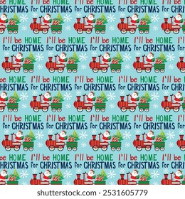 Christmas seamless pattern with Santa, gift and tree on the train