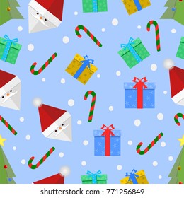 Christmas seamless pattern with santa gift box and christmas tree with ball