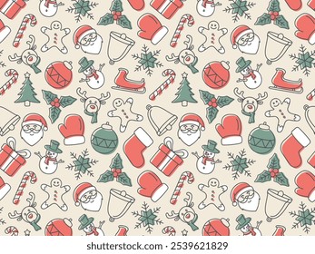 Christmas seamless pattern with Santa, gifts, and holiday decorations. Cute winter background design