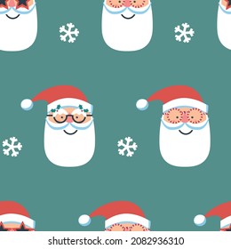 Christmas seamless pattern with Santa in glasses and snowflakes on blue background.