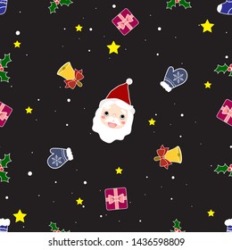 Christmas  seamless pattern with santa, glove, sock, bell, gifts and holly in snowing day.