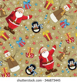 Christmas seamless pattern with santa, hare, penguin, bird, gifts and others elements. Pattern Swatches, vector, Endless texture can be used for wallpaper, pattern fills, web page,background,surface