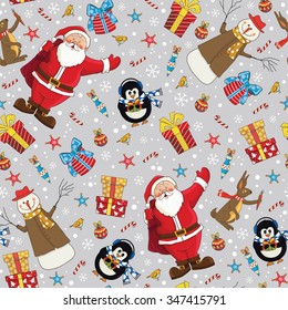 Christmas seamless pattern with santa, hare, penguin, bird, gifts and others elements. Pattern Swatches, vector, Endless texture can be used for wallpaper, pattern fills, web page,background,surface