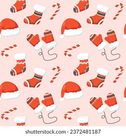 Christmas seamless pattern with Santa hat, gloves and socks 