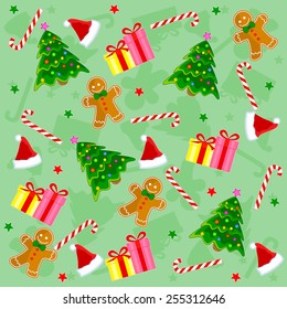 Christmas seamless pattern with santa hat, candy cane, christmas stars gingerbread gifts and colorful christmas tree