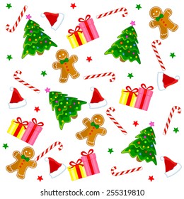 Christmas seamless pattern with santa hat, candy cane, christmas stars gingerbread gifts and colorful christmas tree