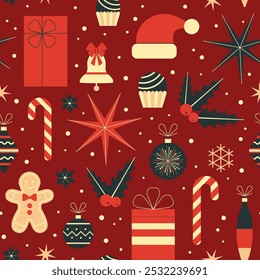 Navidades sin patrón con sombreros de Papá Noel, decoraciones de bolas de vidrio, campanas, bayas, regalos y hombres de jengibre. Adorno decorativo de Navidad de Antiguas para tela y papel de regalo.