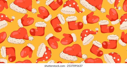 Christmas Seamless Pattern with Santa Hats, Mittens, and Stockings on a Yellow Background