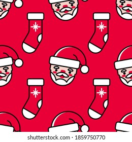 Navidad sin fisuras con cabeza de Santa y medias de Santa sobre un brillante fondo rojo. Bonitos y coloridos antecedentes festivos para Navidad y Año Nuevo con Santa Claus. Estilo de caricatura. Colores vibrantes.