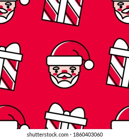 Christmas seamless pattern with Santa head and gift boxes on a bright red background. Cute colorful festive background for Christmas and New Year with Santa Claus and striped gift boxes. Cartoon style