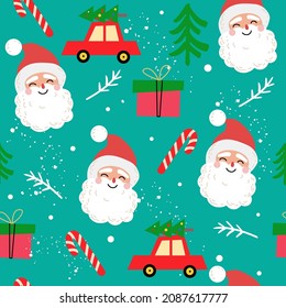 Christmas seamless pattern with santa head, new year gifts in vintage style. Vector illustration