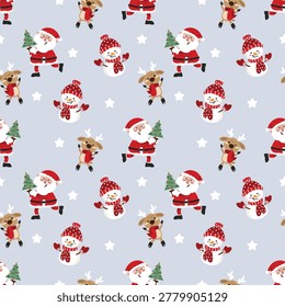 Christmas seamless pattern with Santa holding tree, reindeer, and snowman. Cute festive holiday characters repeat pattern on light grey background.

A cheerful Christmas seamless repeat pattern featuring a happy Santa Claus holding a mini Christmas tree, a cute reindeer with a red scarf, and a smiling snowman in a polka dot winter hat. This whimsical holiday vector illustration with scattered stars on a soft light grey background is perfect for festive gift wrapping paper, children's clothing, seasonal textiles, and winter holiday stationery.
