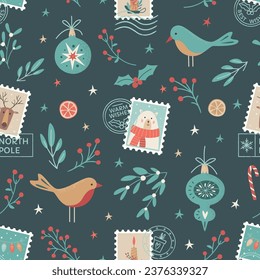 Christmas seamless pattern. Santa mail. X-mas seals, postage stamps, berry branches, mistletoe, stars, Christmas decorations and birds. Holiday vector background for wrapping paper, textile, cards