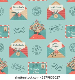 Christmas seamless pattern. Santa mail. X-mas opened and closed  envelopes, decorated with branches and dried lemon slice, seals, postage stamps. Holiday vector background for wrapping paper, textile