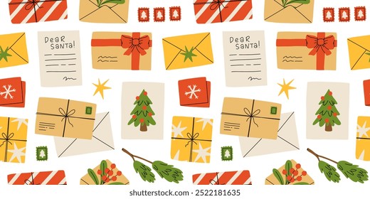 Natal padrão sem emenda. Papai Noel. X-mas abriu e fechou envelopes, decorados com galhos e selos, selos postais. Fundo de vetor de férias para papel de embrulho, têxtil