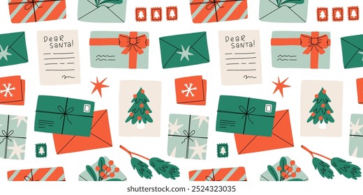 Christmas seamless pattern. Santa mail. X-mas opened and closed envelopes, decorated with branches and seals, postage stamps. Holiday vector background for wrapping paper, textile