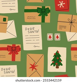 Christmas seamless pattern. Santa mail. X-mas opened and closed envelopes, decorated with branches and seals, postage stamps. Holiday vector background for wrapping paper, textile