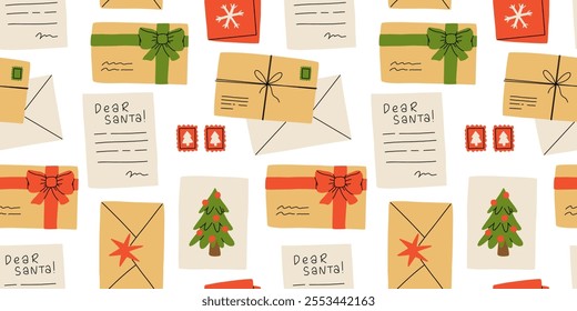 Christmas seamless pattern. Santa mail. X-mas opened and closed envelopes, decorated with branches and seals, postage stamps. Holiday vector background for wrapping paper, textile