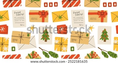 Christmas seamless pattern. Santa mail. X-mas opened and closed envelopes, decorated with branches and seals, postage stamps. Holiday vector background for wrapping paper, textile