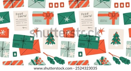 Christmas seamless pattern. Santa mail. X-mas opened and closed envelopes, decorated with branches and seals, postage stamps. Holiday vector background for wrapping paper, textile