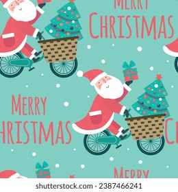Patrón de Navidad sin fisuras con Santa en bicicleta sobre fondo azul. Ilustración vectorial. 