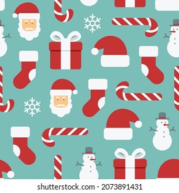 Christmas seamless pattern of Santa and other red objects on teal background.