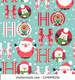 Christmas seamless pattern with Santa, penguin, deer and snowman.