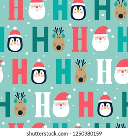 Christmas seamless pattern with Santa, penguin and reindeer. Ho-ho-ho. Vector illustration. 