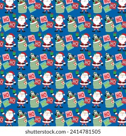 Christmas seamless pattern with santa and penguin on the gift sack