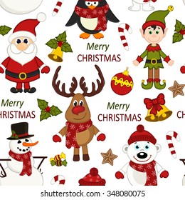 Christmas seamless pattern with Santa, penguin, deer, bear, snowman, elf - vector illustration, eps