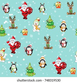 Christmas seamless pattern with Santa, penguins, deer and the Christmas tree