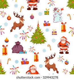 Christmas seamless pattern with Santa, pine, deer and other. 