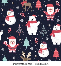 Christmas seamless pattern with santa and polar bear background, Winter pattern with reindeer, wrapping paper, pattern fills, winter greetings, web page background, Christmas and New Year